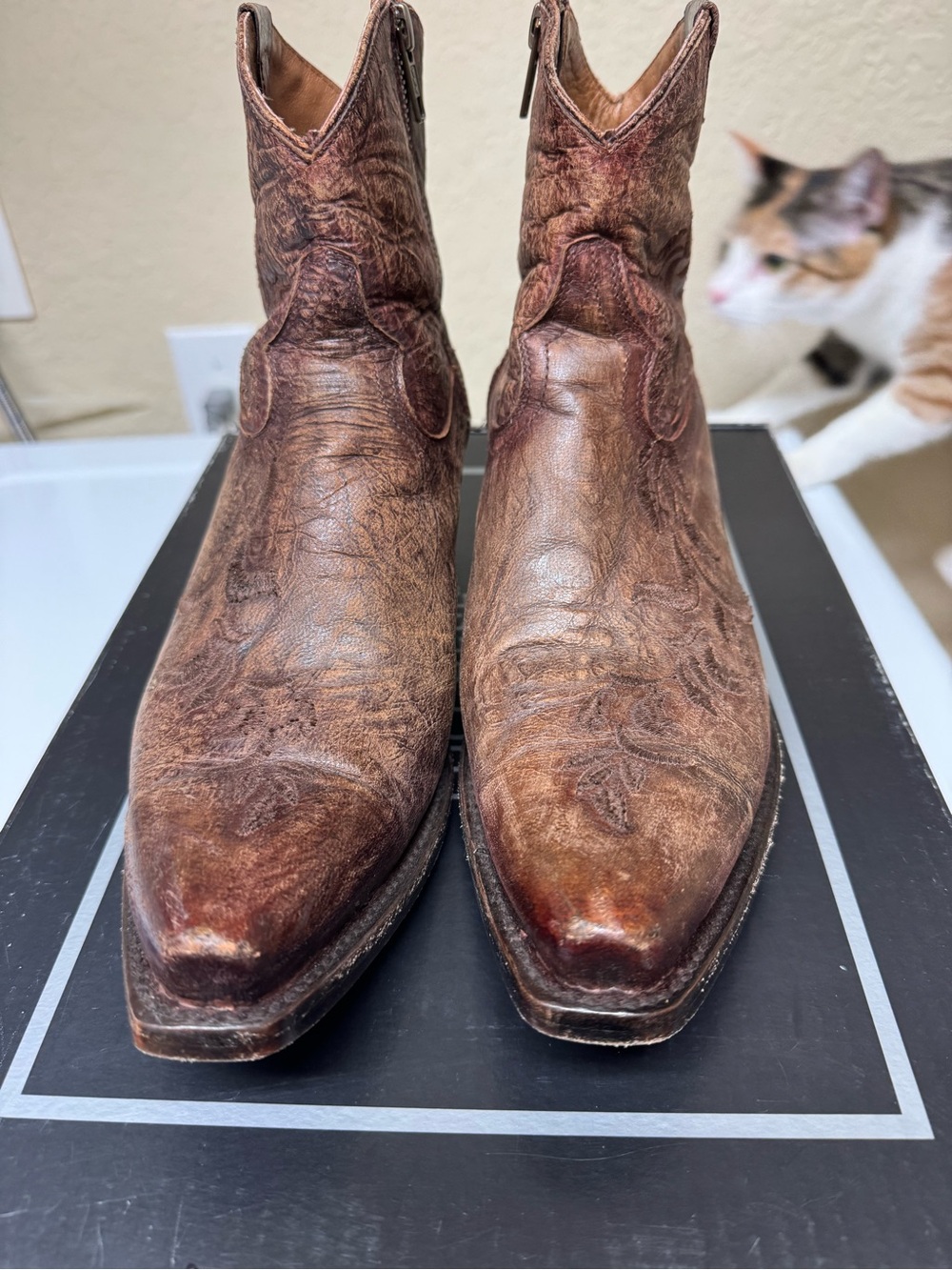 Lucchese Women’s Embroidered Brown Leather Cowboy Boots with Distressed Finish